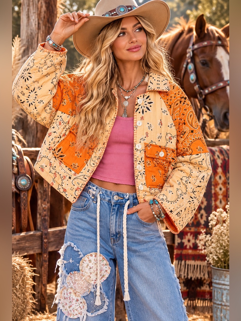 POL Orange paisley quilted puffer boho western patchwork floral jacket coat